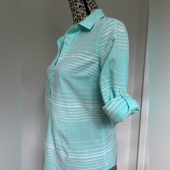 Vineyard Vines Women's Sz 0 Cotton Blend Striped Popover Teal Roll Tab - Picture 3 of 8